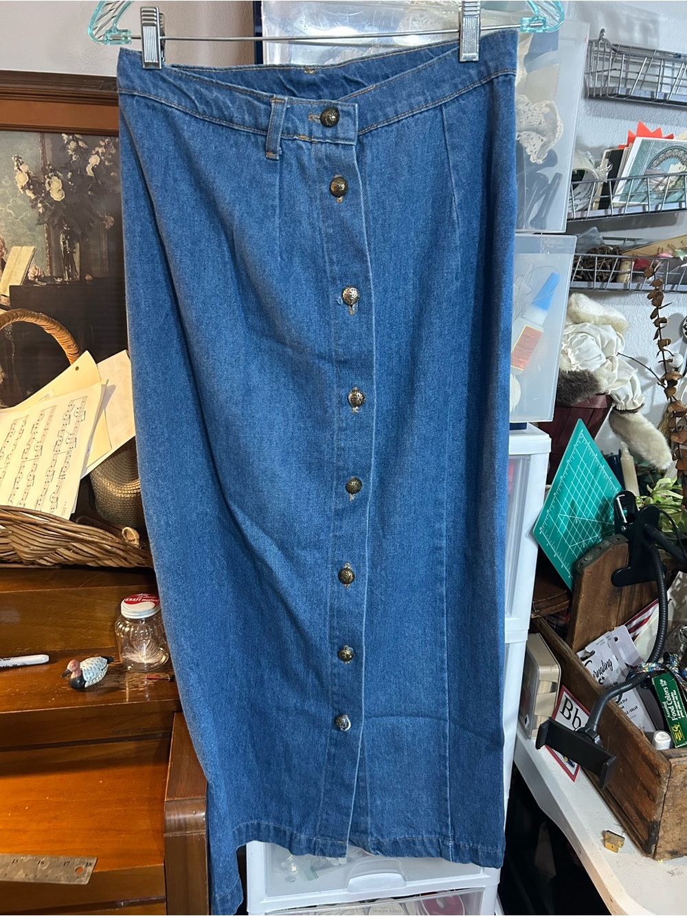 Vintage Denim Button-Front Midi Skirt - Blue